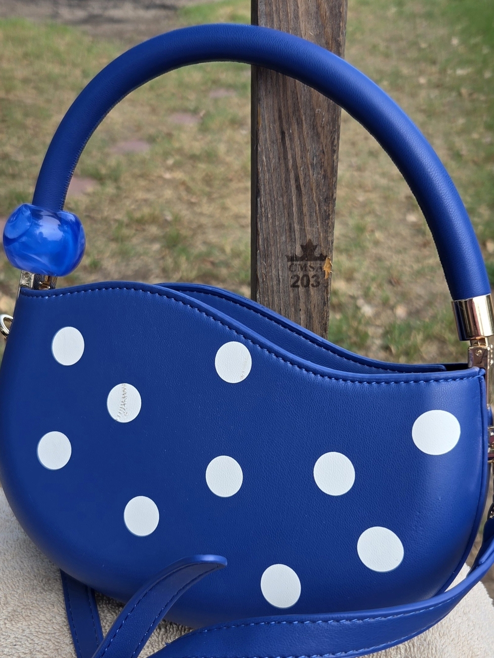 Melie Bianco Blue Polka Dot Mini Bag with White Accents